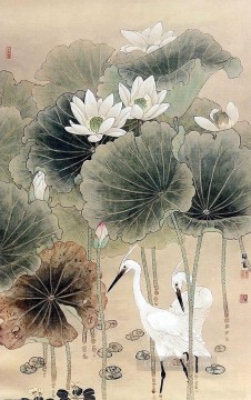 中国 Painting - スイレンの池の白鷺 アンティーク中国